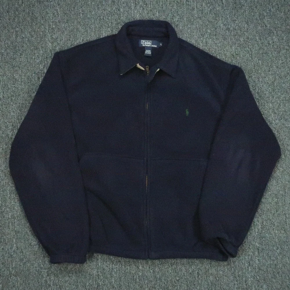 VINTAGE Polo Ralph Lauren Jacket Mens Large Blue Fleece Full Zip Bomber Pockets
